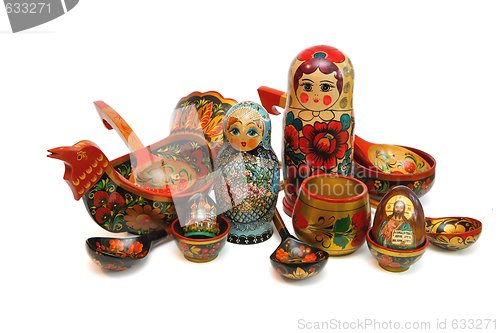 Image of Assorted Russian folk wooden toys and utensils isolated