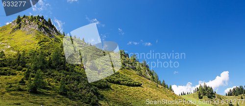 Image of Lush green hill in bright summer day in Alps