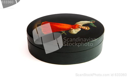 Image of Oval black casket painted with dancing female peasant isolated