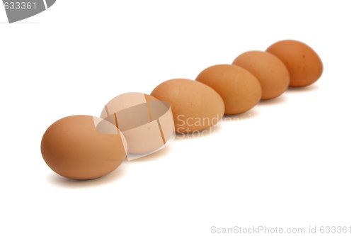 Image of Row of six brown eggs isolated