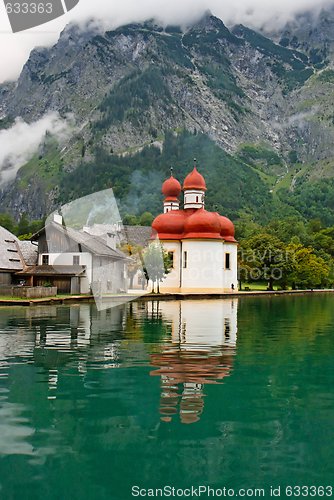 Image of St. Batholomew Church on Alpine KoenigSee lake in Germany