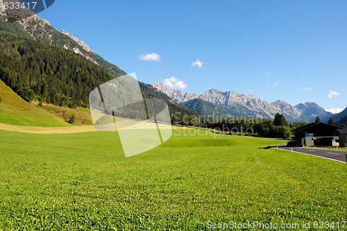 Image of Alpine rural landscape: mountains and meadows