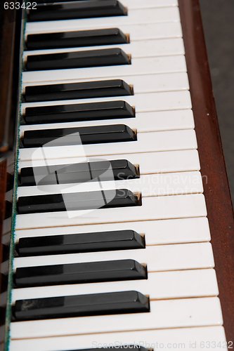 Image of Black and white keys of old piano closeup