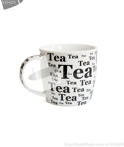Image of White tea cup with black inscriptions isolated