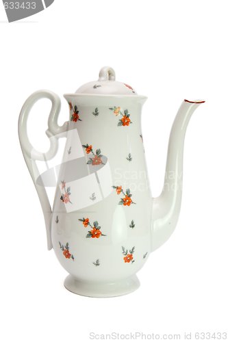 Image of White high teapot painted with dogroses isolated 