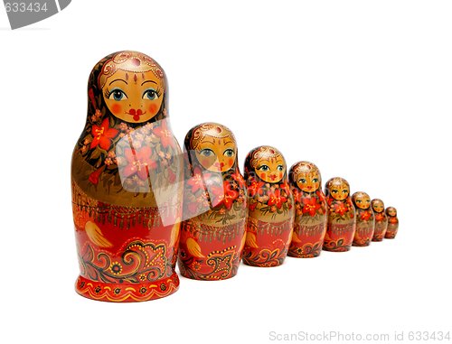 Image of Row of Russian Babushka nesting dolls isolated