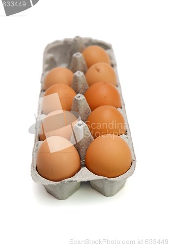 Image of Nine brown eggs in a paper box isolated