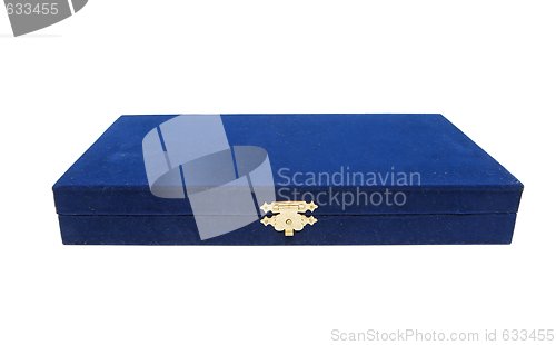 Image of Closed dark blue velvet casket with golden lock isolated