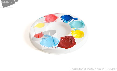Image of Round kids palette with colorful paints isolated