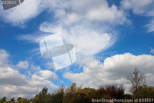 Image of Cumulus clouds in blue sky above trees 