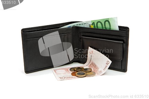 Image of Black wallet and euro banknotes and coins isolated