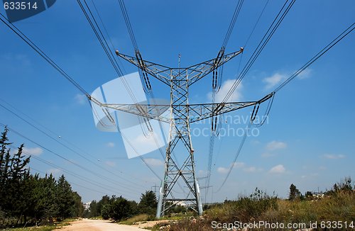 Image of Two-tiered steel support of overhead power transmission line