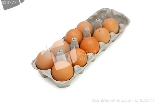 Image of Nine brown eggs in a paper box isolated