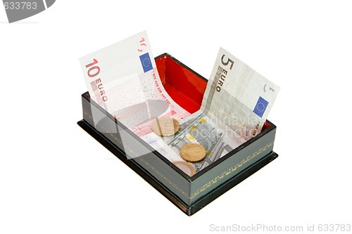 Image of Green rectangular casket with euro money isolated