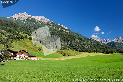 Image of Alpine landscape in Austria: mountains, forests, meadows and a farm