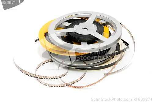 Image of Stack of reels of old quarter-inch amateur celluloid film isolated