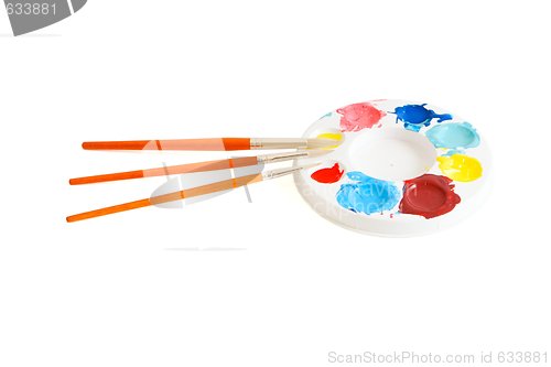 Image of Round kids palette with three paintbrushes isolated
