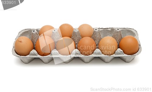 Image of Nine brown eggs in a paper box isolated