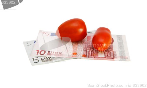 Image of Small tomatoes on euro banknotes isolated