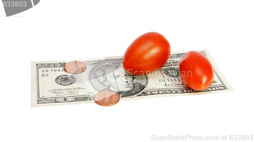 Image of Small tomatoes on twenty dollar bill and cents isolated