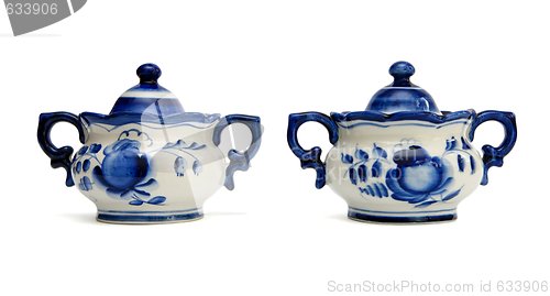 Image of Pair of blue and white porcelain sugar basins isolated