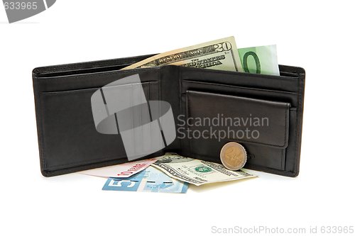 Image of Black wallet, banknotes and coins isolated