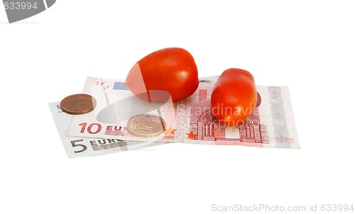 Image of Small tomatoes on euro banknotes and coins isolated