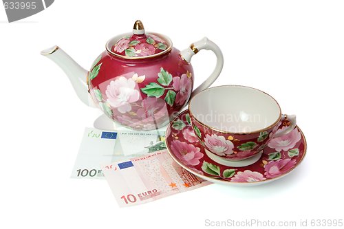 Image of Tea service stands on euro banknotes isolated 