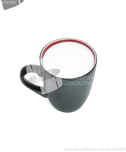Image of Black cup with red rim full of milk isolated