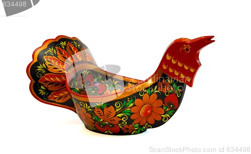 Image of Russian wooden painted bowl in shape of bird isolated