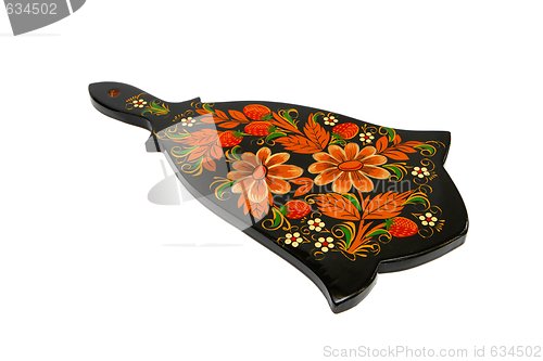 Image of Russian black cutting board painted with flowers isolated