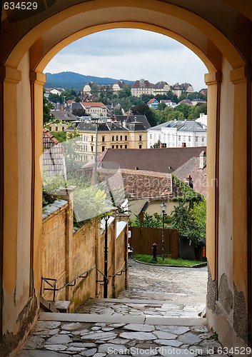 Image of View of the Melk town in Austria through the archway