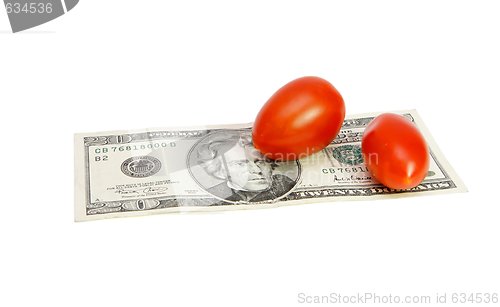 Image of Small tomatoes on twenty dollar banknote isolated