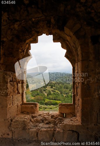 Image of Green landscape seen through window of ruined ancient castle