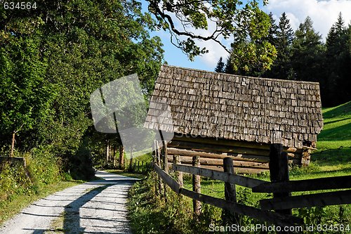 Image of Rural landscape: hay shed at the roadside 