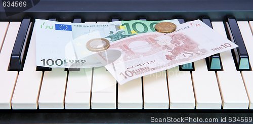 Image of Euro bills and coins on electric organ keyboard