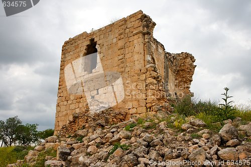 Image of Ruins of ancient Crusader castle in cloudy day 