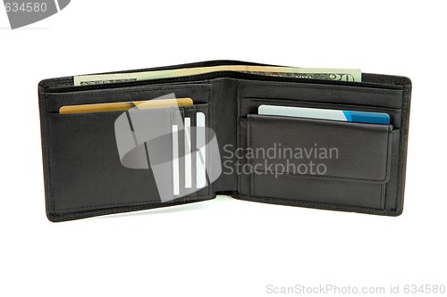 Image of Open black wallet with business cards and dollars isolated