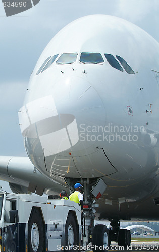 Image of Close-up of large wide-body airplane