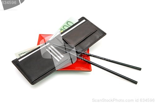 Image of Black wallet with money on red square plate with chopsticks isolated