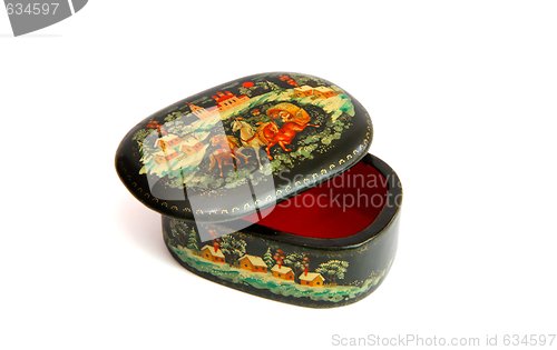 Image of Oval Russian casket painted with troyka horses isolated