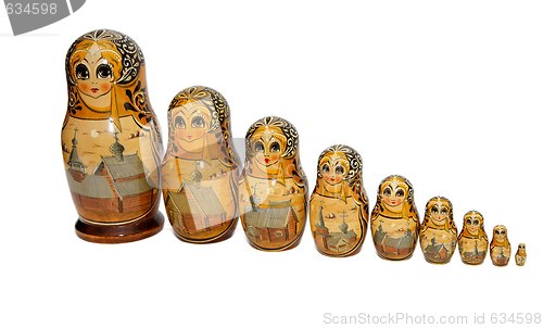 Image of Russian Babushka nesting dolls painted as nuns of Kizhi monastery isolated