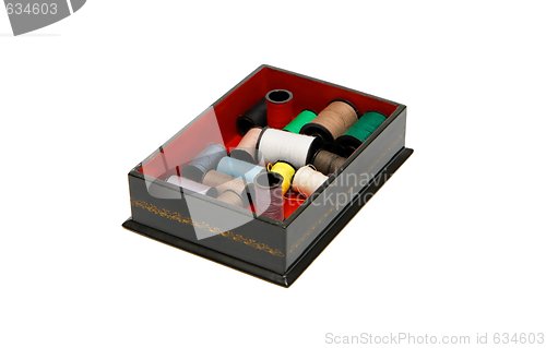 Image of Dark green wooden casket with colorful threads isolated