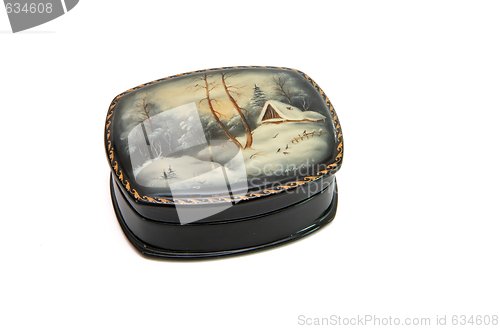 Image of Russian oval black casket painted with winter landscape isolated