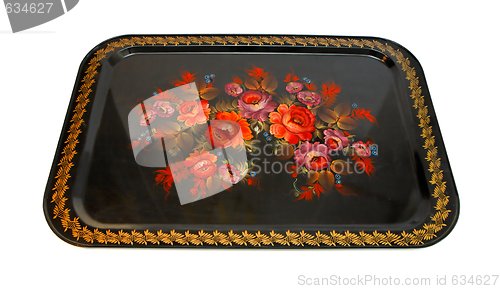 Image of Russian black metal tray with floral pattern isolated