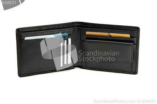 Image of Open black wallet with business cards isolated