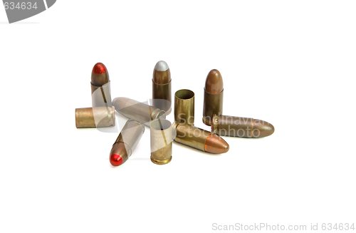 Image of Pile of 9mm Parabellum cartridges and spent cases isolated