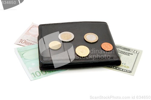 Image of Black wallet, banknotes and coins isolated