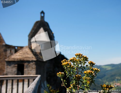 Image of Roofs and towers of medieval castle and wild yellow flowers