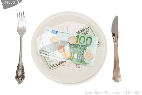 Image of Bills and coins on the plate